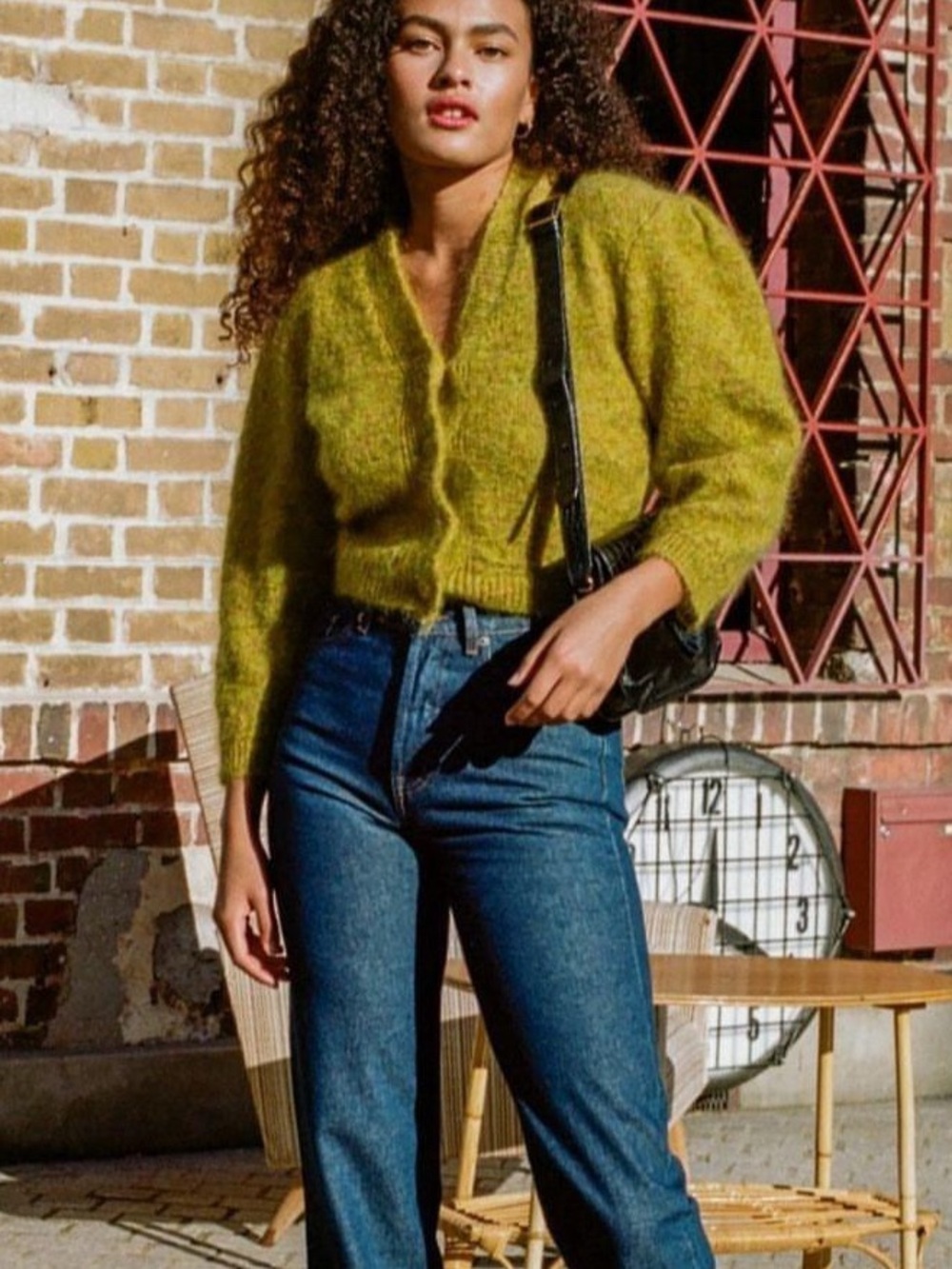 ROUJE Chartreuse Yellow Green Mohair Wool Knit Puff Sleeve Nona Cardigan Sweater